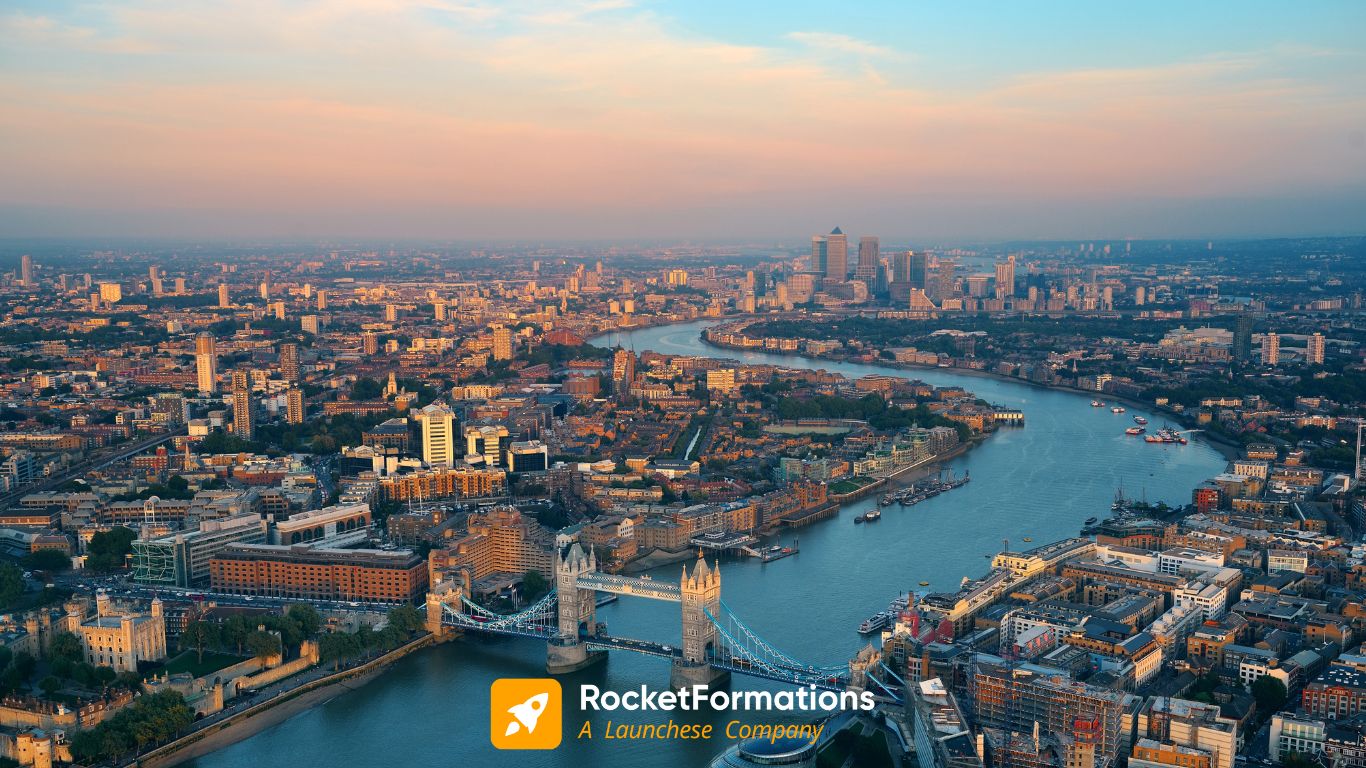 Rocket Formations helps entrepreneurs start businesses in the UK. A professional man introduces the city of London, symbolizing the ease of business formation.